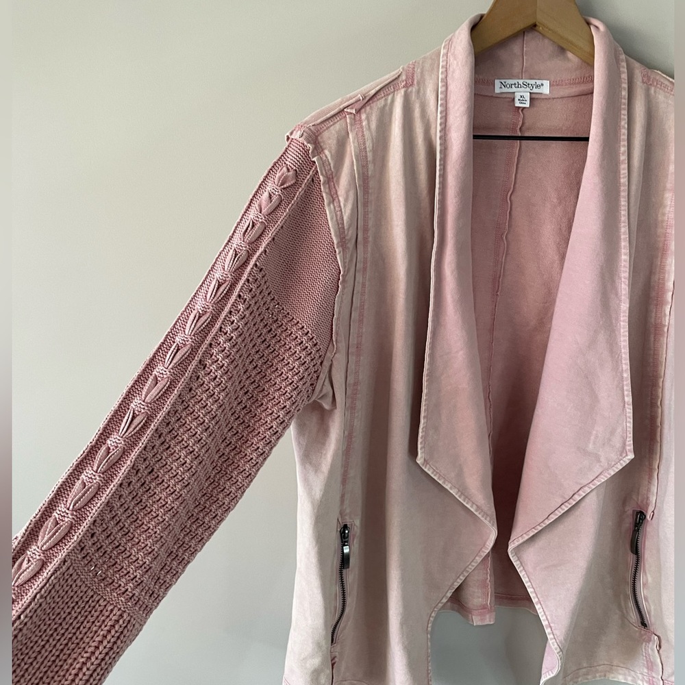 NorthStyle dusty pink stone wash open front knit sleeves moto style jacket XL - Picture 7 of 9